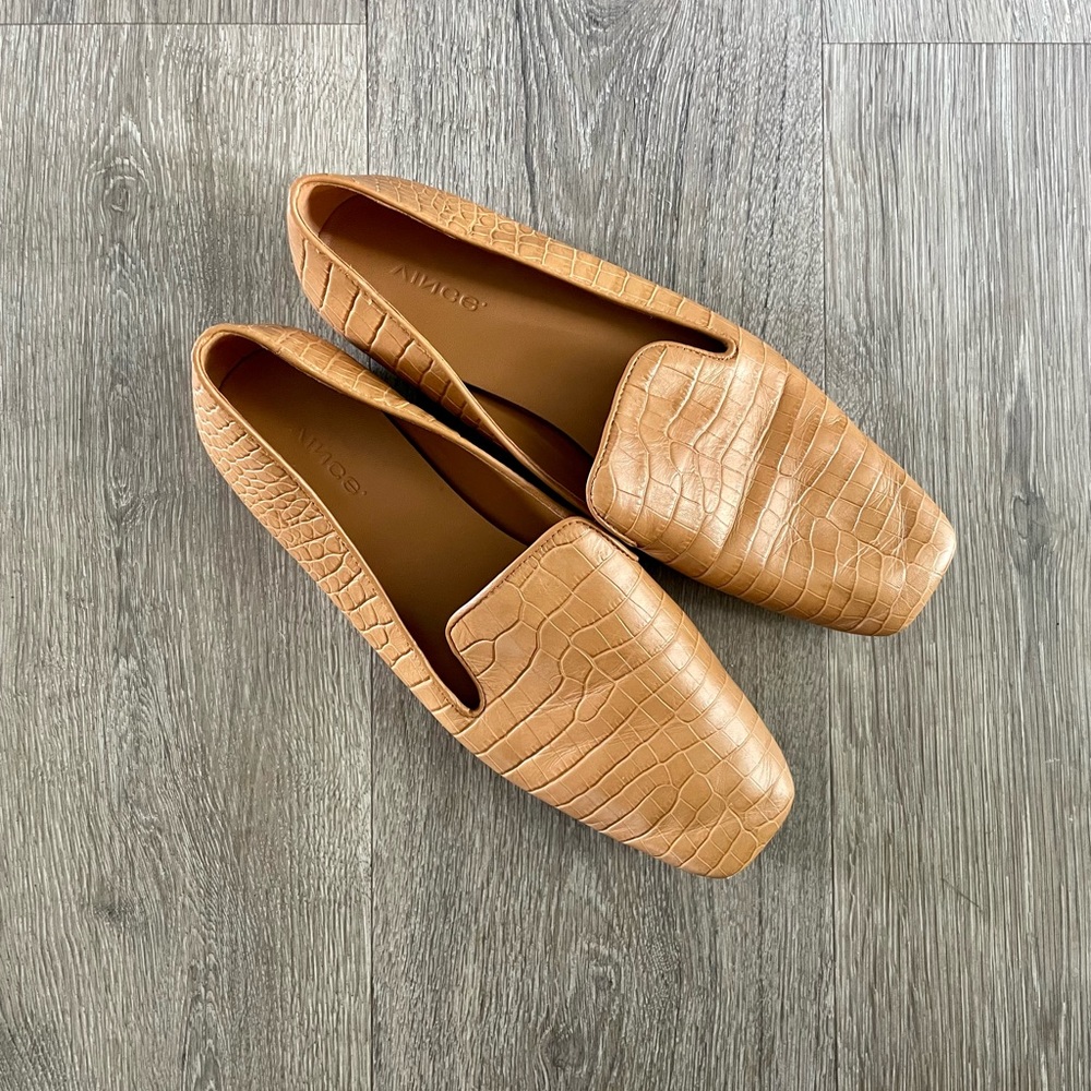 Vince Leather Croc Embossed Clark Loafer Flat, Size 8, Tan